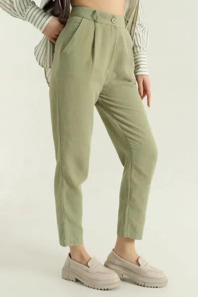 Yeşil Mom Cepli Bayan Keten Pantolon 336953