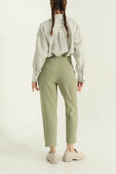 Yeşil Mom Cepli Bayan Keten Pantolon 336953