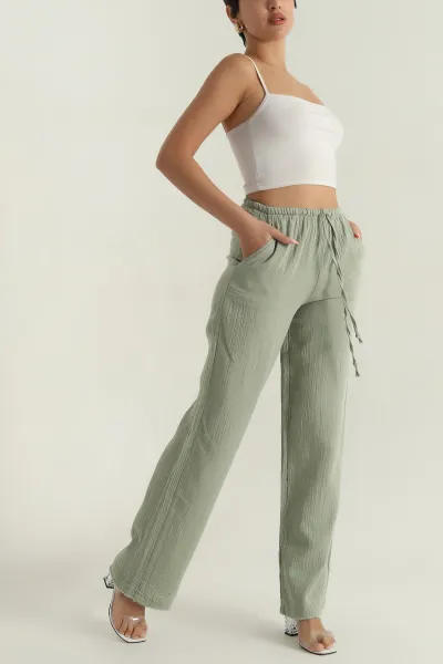 Yeşil Müslin Keten Kadın Pantolon 377403