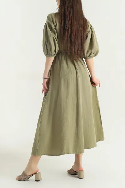 Yeşil Müslin Kumaş Beli Lastikli Kadın Elbise 341844