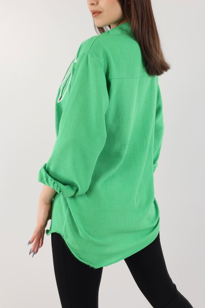 Yeşil Nakış İşlemeli Pera Keten Gömlek 171174