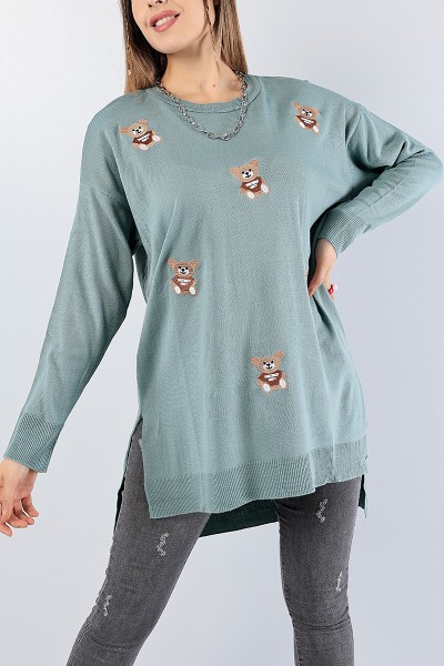 Yeşil Nakış İşlemeli Triko Kazak Tunik 78880