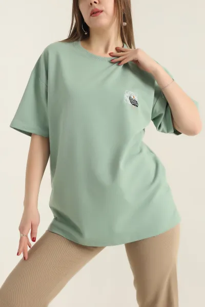 Yeşil Nakışlı Bisiklet Yaka Oversize İki Bayan Tişört 337633