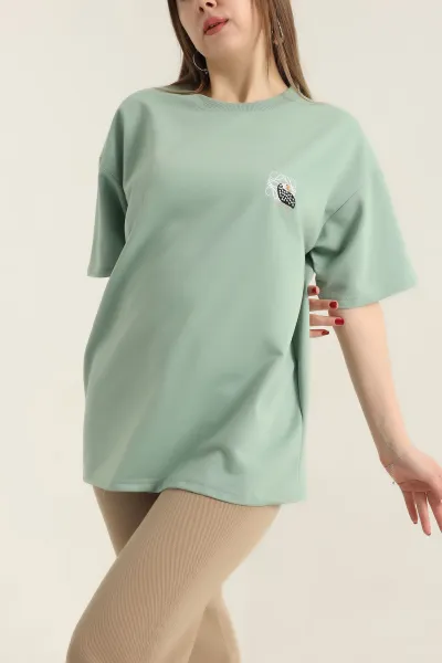 Yeşil Nakışlı Bisiklet Yaka Oversize İki Bayan Tişört 337633