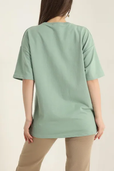 Yeşil Nakışlı Bisiklet Yaka Oversize İki Bayan Tişört 337633