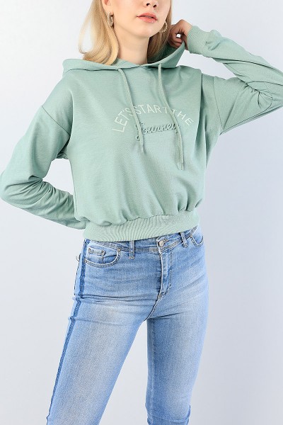 Yeşil Nakışlı Gofre Baskılı Bayan Sweat 76142