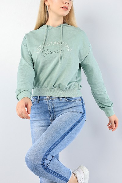 Yeşil Nakışlı Gofre Baskılı Bayan Sweat 76142