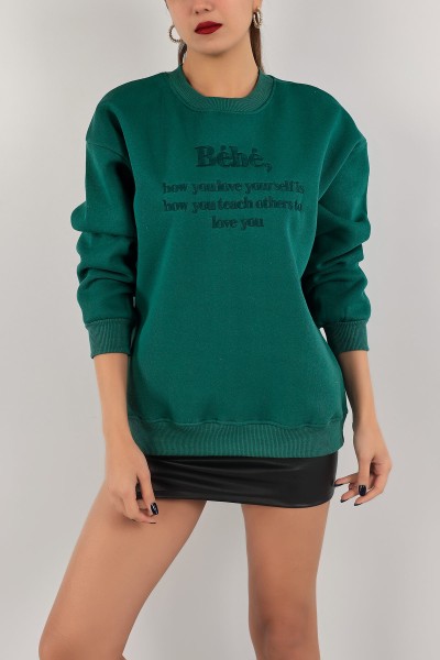 Yeşil Nakışlı İçi Şardonlu Bayan Sweat 139393