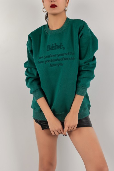 Yeşil Nakışlı İçi Şardonlu Bayan Sweat 139393