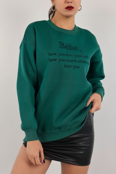 Yeşil Nakışlı İçi Şardonlu Bayan Sweat 139393