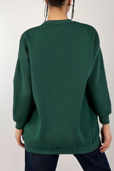 Yeşil Nakışlı İçi Şardonlu Bayan Sweat 142969