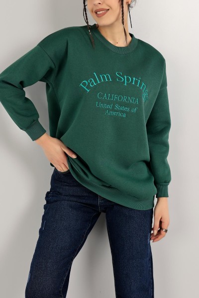 Yeşil Nakışlı İçi Şardonlu Bayan Sweat 142969