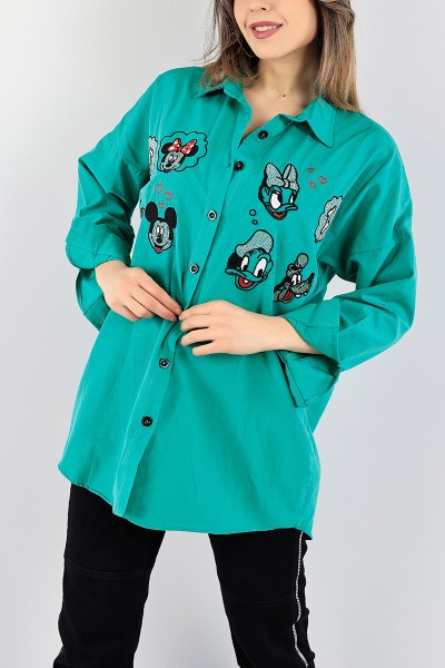 Yeşil Nakışlı Taş İşlemeli Poplin Gömlek Tunik 96460