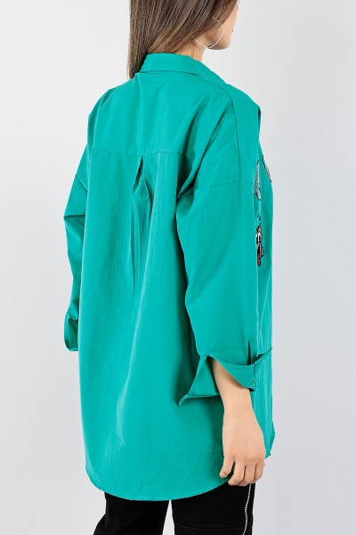 Yeşil Nakışlı Taş İşlemeli Poplin Gömlek Tunik 96460