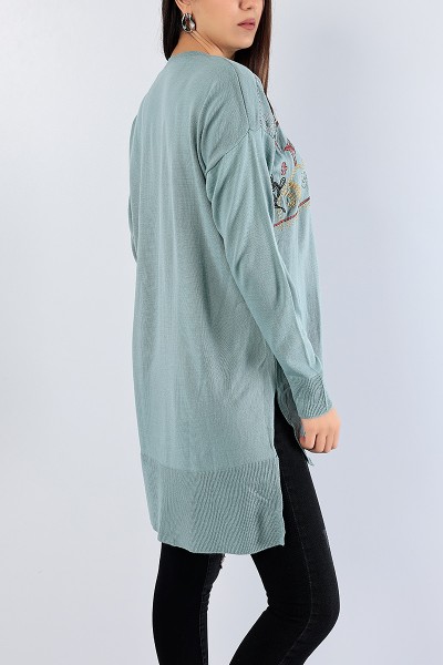 Yeşil Nakışlı Triko Kazak Tunik 78870