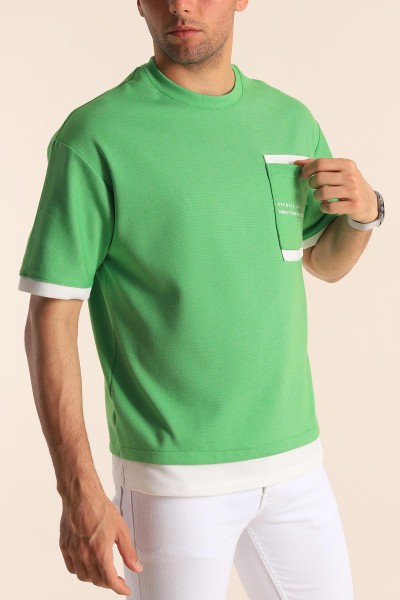 Yeşil Oversize Çift Renk Cepli Erkek Tişört 181829