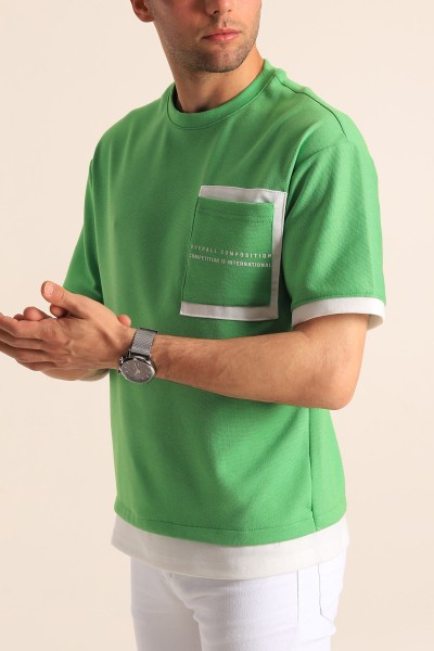 Yeşil Oversize Çift Renk Cepli Erkek Tişört 181829