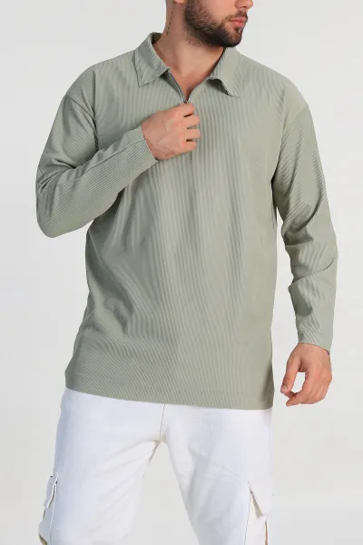 Yeşil Oversize Fitilli Doku Fermuarlı Polo Yaka Sweatshirt 324397