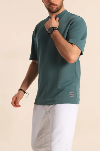Yeşil Oversize Jakarlı Basic Erkek Tişört 249457