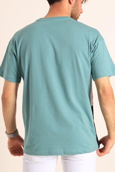 Yeşil Oversize Parçalı Yazı Detay Erkek Tişört 186706