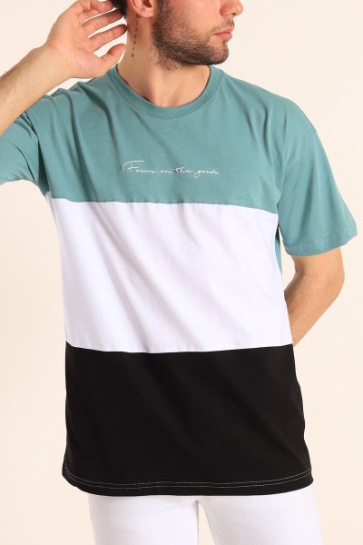 Yeşil Oversize Parçalı Yazı Detay Erkek Tişört 186706