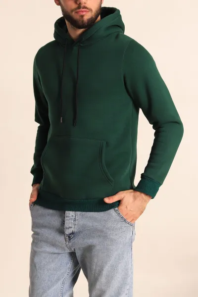 Yeşil Oversize Üç İp Şardonlu Basic Kapüşonlu Erkek Sweatshirt 226973