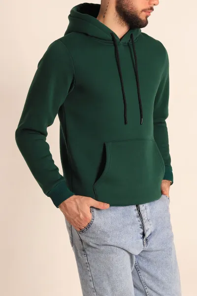 Yeşil Oversize Üç İp Şardonlu Basic Kapüşonlu Erkek Sweatshirt 226973