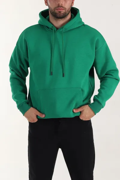 Yeşil Oversize Üç İp Şardonlu Erkek Basic Kapüşonlu Sweatshirt 398906