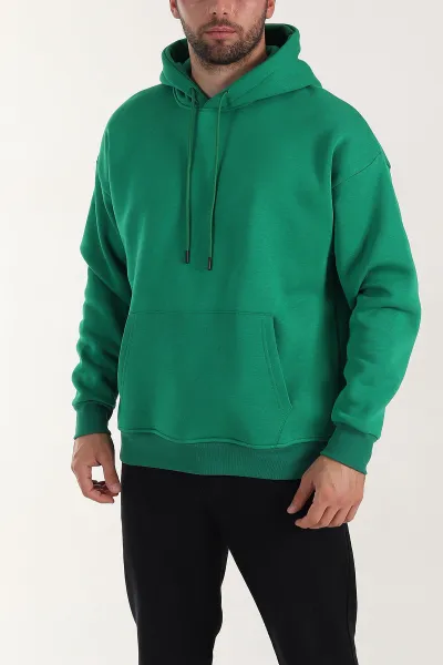 Yeşil Oversize Üç İp Şardonlu Erkek Basic Kapüşonlu Sweatshirt 398906