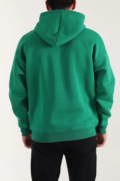 Yeşil Oversize Üç İp Şardonlu Erkek Basic Kapüşonlu Sweatshirt 398906