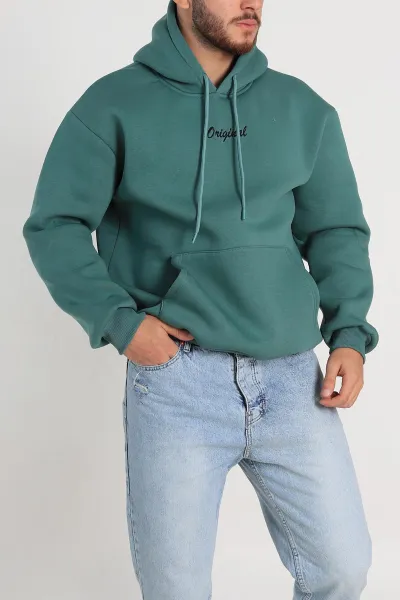 Yeşil Oversize Üç İp Şardonlu Yazı Detaylı Kapüşonlu Erkek Sweatshirt 310964
