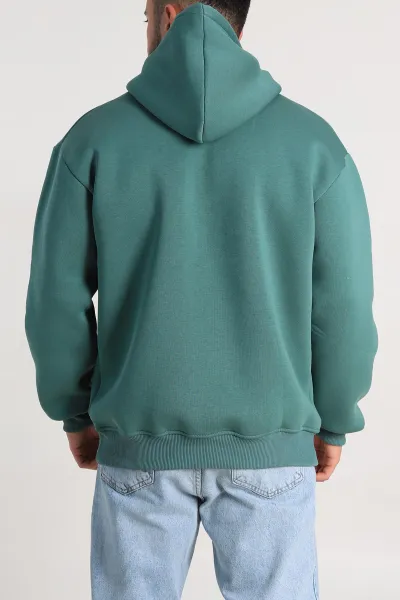 Yeşil Oversize Üç İp Şardonlu Yazı Detaylı Kapüşonlu Erkek Sweatshirt 310964