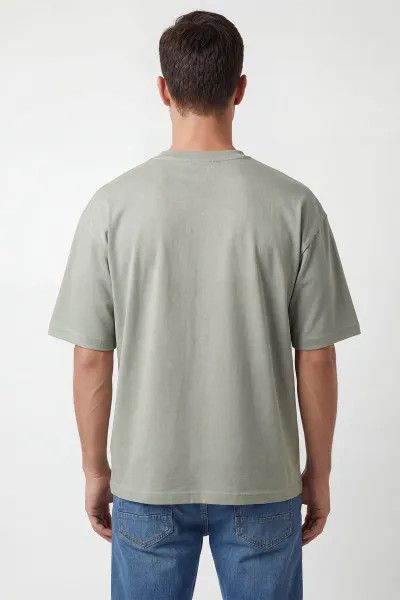 Yeşil Oysho Kumaş Oversize Bisiklet Yaka Erkek Tişört 441559