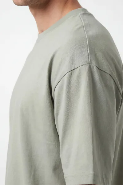 Yeşil Oysho Kumaş Oversize Bisiklet Yaka Erkek Tişört 441559