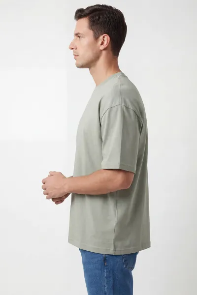 Yeşil Oysho Kumaş Oversize Bisiklet Yaka Erkek Tişört 441559