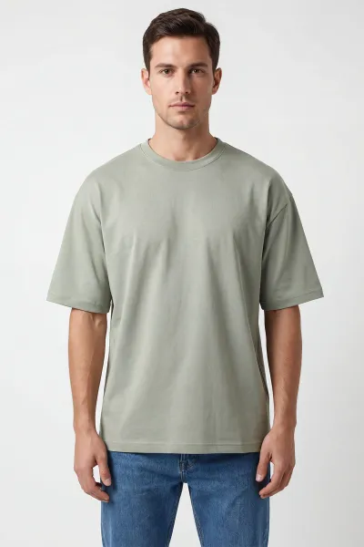 yesil-oysho-kumas-oversize-bisiklet-yaka-erkek-tisort-441559