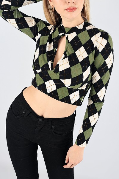 Yeşil Pamuk Dokulu Crop Bluz 88454