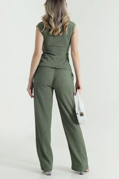 Yeşil Pantolon Bluz Gofre Kadın İkili Takım 469455