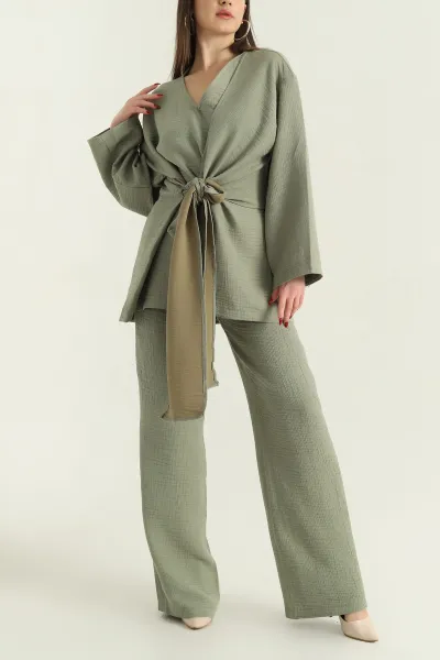 Yeşil Pantolon Kimono Keten Bayan İkili Takım 335072