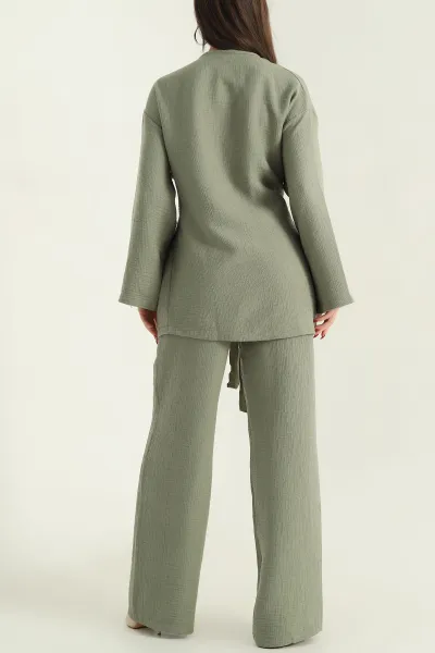 Yeşil Pantolon Kimono Keten Bayan İkili Takım 335072