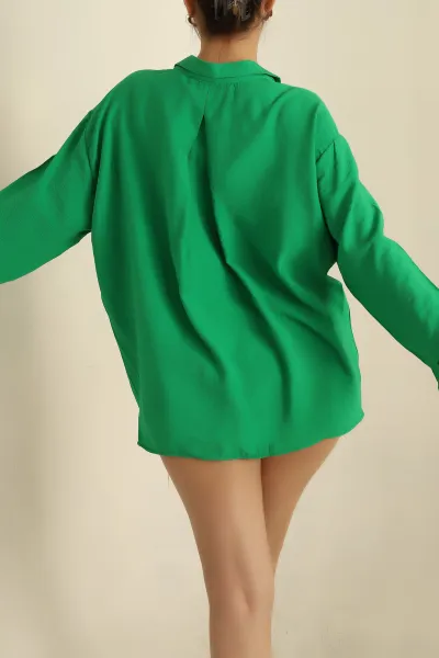Yeşil Pera Keten Cepli Oversize Gömlek 267014