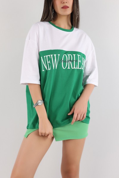 Yeşil Plastik Baskılı Oversize Tişört 166213