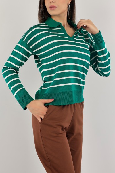 Yeşil Polo Yaka Bayan Triko Kazak 132360
