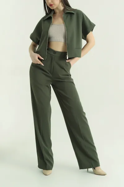 Yeşil Polo Yaka Bluz Pantolon İthal Kumaş Kadın İkili Takım 354386