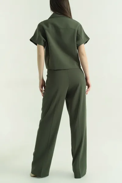 Yeşil Polo Yaka Bluz Pantolon İthal Kumaş Kadın İkili Takım 354386