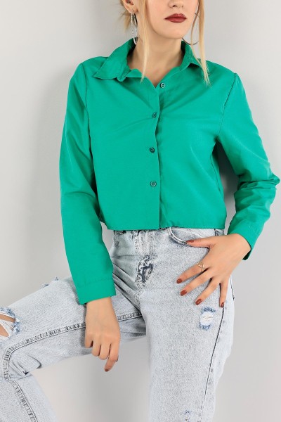 Yeşil Poplin Kumaş Crop Gömlek 118861