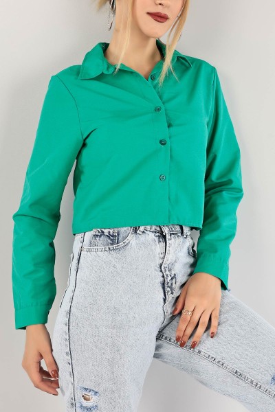 Yeşil Poplin Kumaş Crop Gömlek 118861