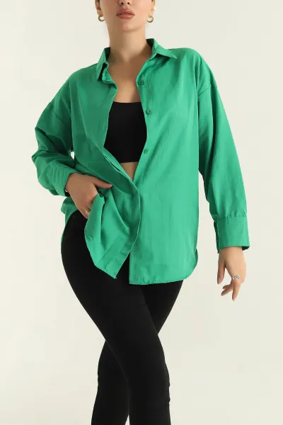 Yeşil Poplin Kumaş Gizli Pat Kadın Gömlek 304519