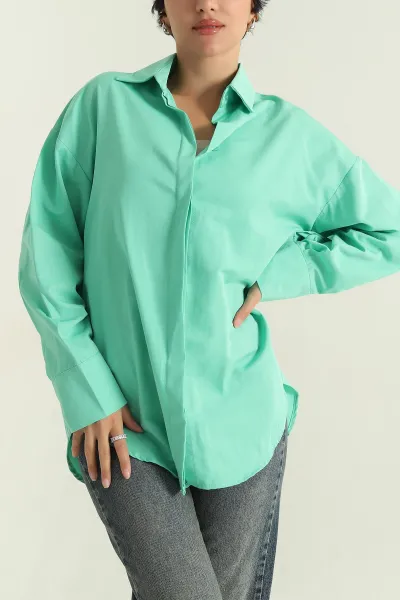 Yeşil Poplin Kumaş Gizli Pat Kadın Gömlek 360962