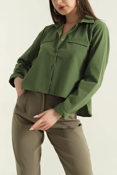 Yeşil Poplin Kumaş Kadın Crop Gömlek 355798